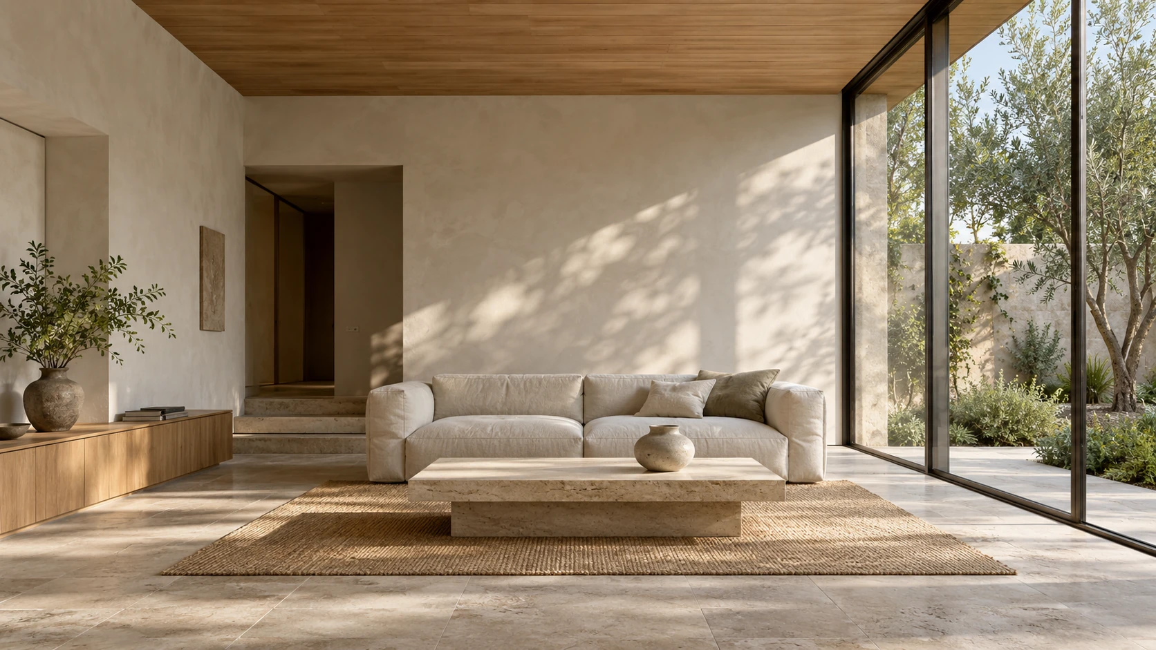 Quiet living space with oak joinery, a linen sofa and garden-facing glazing