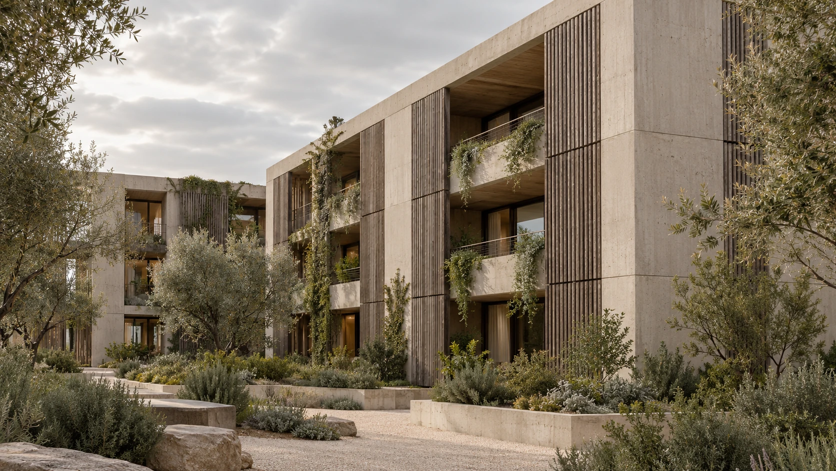 Architecture integrating planted surfaces and natural materials