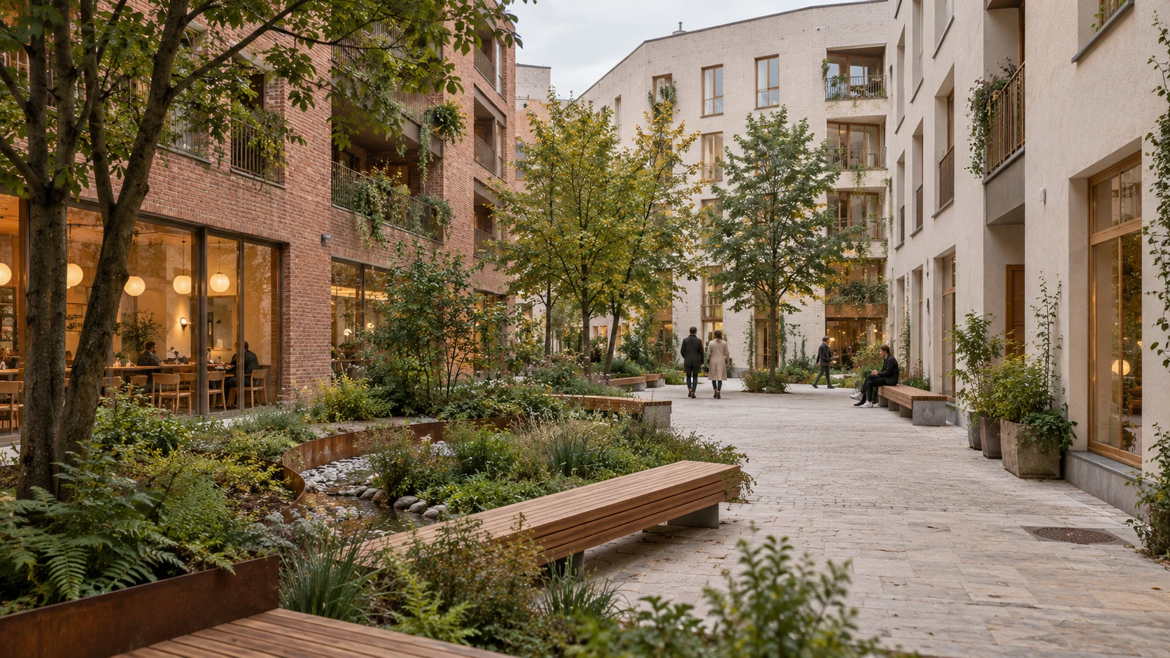 Urban public space connecting contemporary buildings and planting