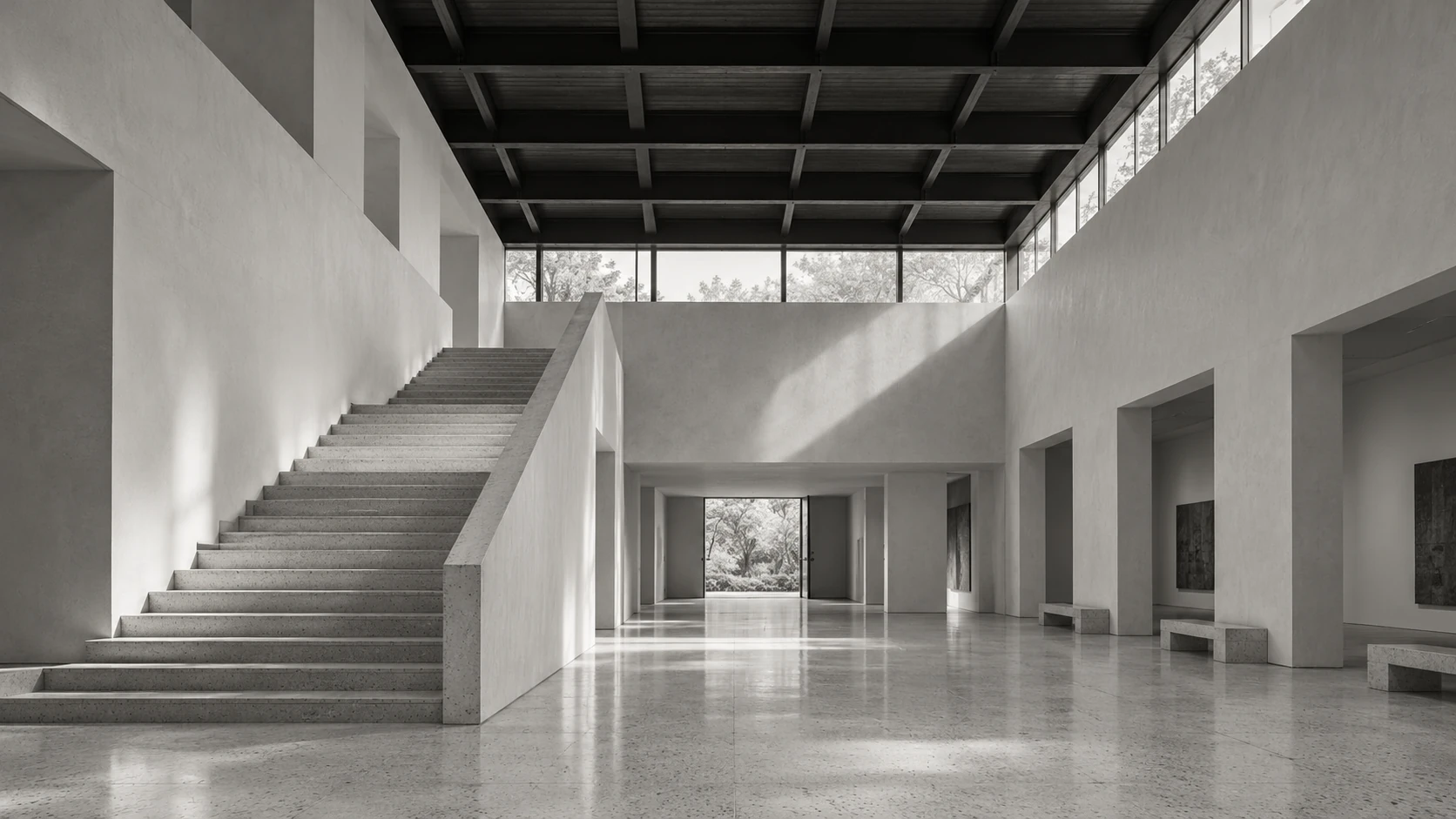 Minimal public hall with tall white walls and a broad staircase